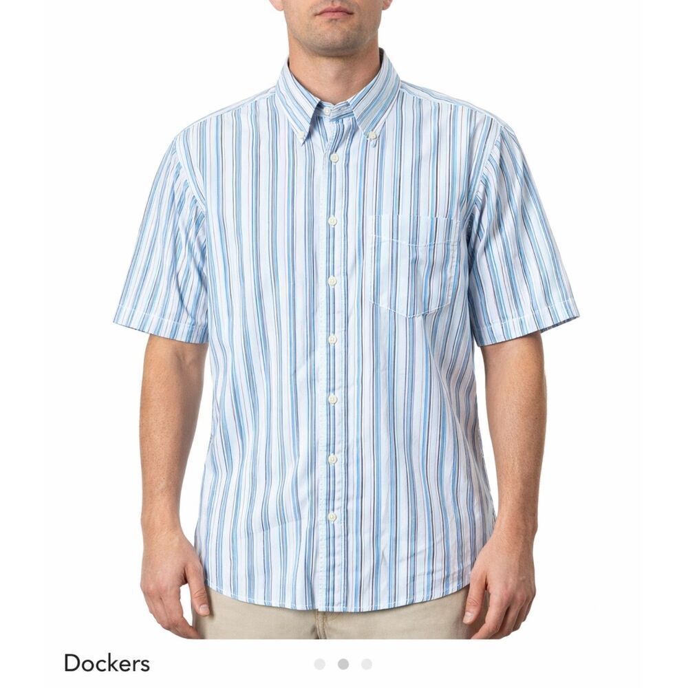 Dockers Men's Large Stain Defender Striped Button Down Short Sleeve Shirt Blue